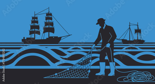 Vintage maritime scene featuring fisherman casting net with sailing ships background