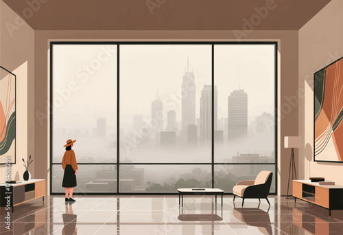 Woman in hat gazing at cityscape through large windows