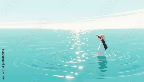 Woman in hat standing calmly in serene turquoise waters