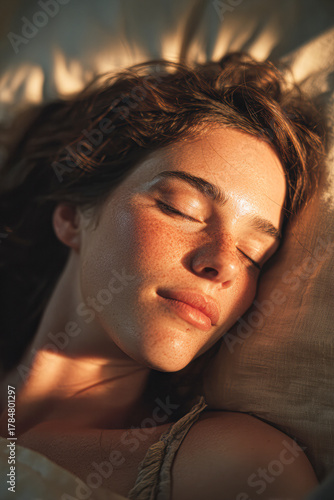 A serene portrait of a woman sleeping peacefully, illuminated by soft, warm light, showcasing her natural beauty and tranquility.