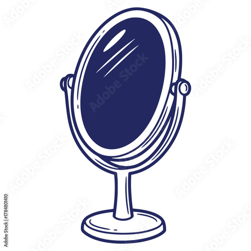 Elegant Vanity Mirror Illustration in Dark Blue Decorative Bathroom Accessory or Makeup Tool Aesthetic Reflection and Stylish Design