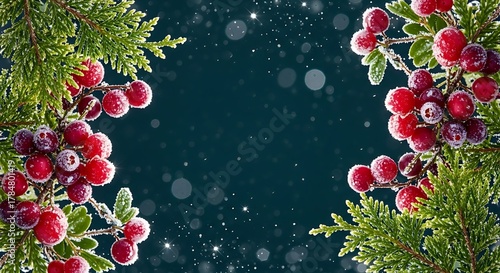 Frosted Cranberries and Evergreen Branches with Bokeh 