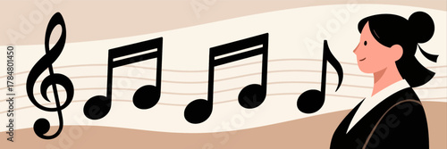 Woman singing with musical notes flowing from her mouth