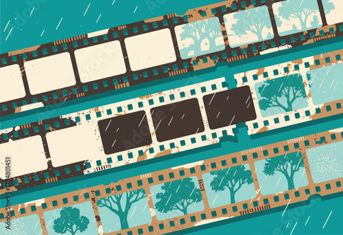 Vintage film strip with tree silhouettes in rain-themed frames
