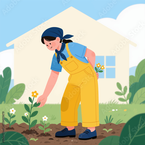 Woman gardening with flowers in yellow overalls