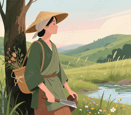 Woman in straw hat carrying basket through meadow