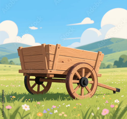 Wooden Cart in Meadow with Wildflowers