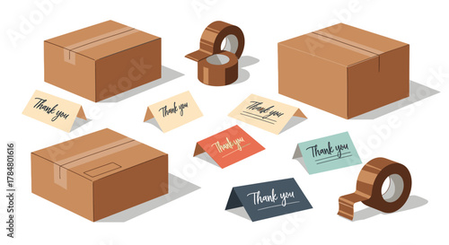 Isometric set of cardboard boxes, packing tape, and thank you cards for shipping and e-commerce.