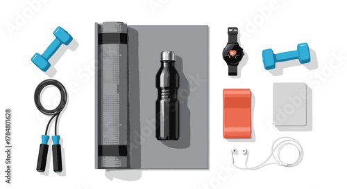 Flat lay of various fitness and workout equipment including dumbbells, yoga mat, water bottle, smartwatch, jump rope, and resistance band on a white background.