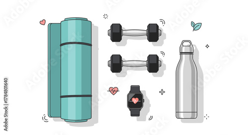 Top-down view of fitness equipment including a yoga mat, dumbbells, smartwatch, and water bottle.
