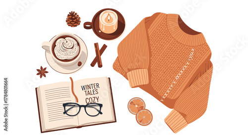 Cozy winter scene with a book, sweater, hot chocolate, and candle, evoking warmth and relaxation.