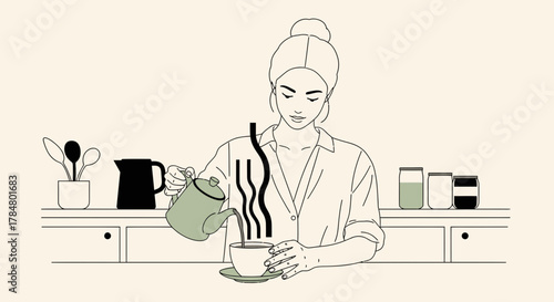 Elegant line art depicting a woman pouring tea in a minimalist kitchen setting with cozy atmosphere