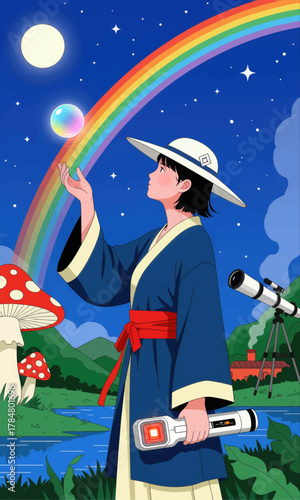 Young woman in traditional robe reaching toward rainbow under moonlight