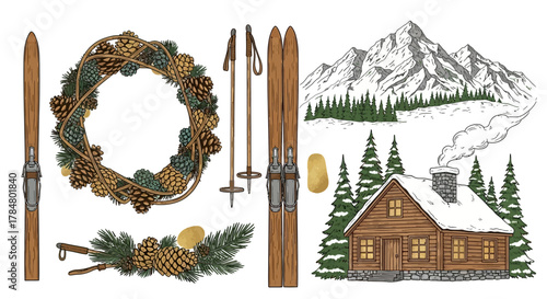 Elegant Winter Lodge Vector Elements with pine wreath and cabin for alpine branding