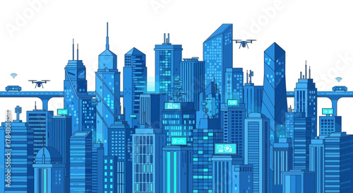 Futuristic cityscape with autonomous vehicles and drones representing smart city concept