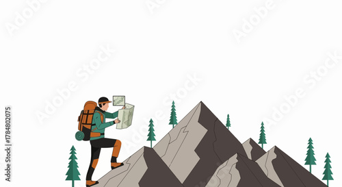 Illustrated hiker climbing a mountain with a map amidst pine trees on a white background