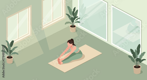 Isometric illustration of a woman practicing yoga at home in a bright and peaceful room filled