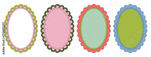 Four decorative scalloped oval frames in pastel colors with white centers on white background Keywords: frame, oval, scalloped, decorative