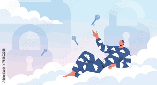 Man in cloud pajamas catching keys representing cloud data security and access control