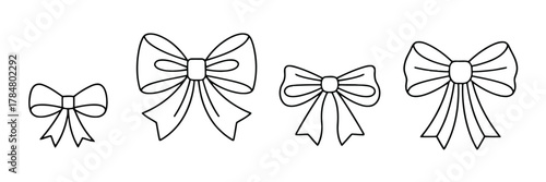 Four different sized bow ties in a row on a white background Keywords: bow tie, ribbon, gift, present, decoration, accessory, fashion, style