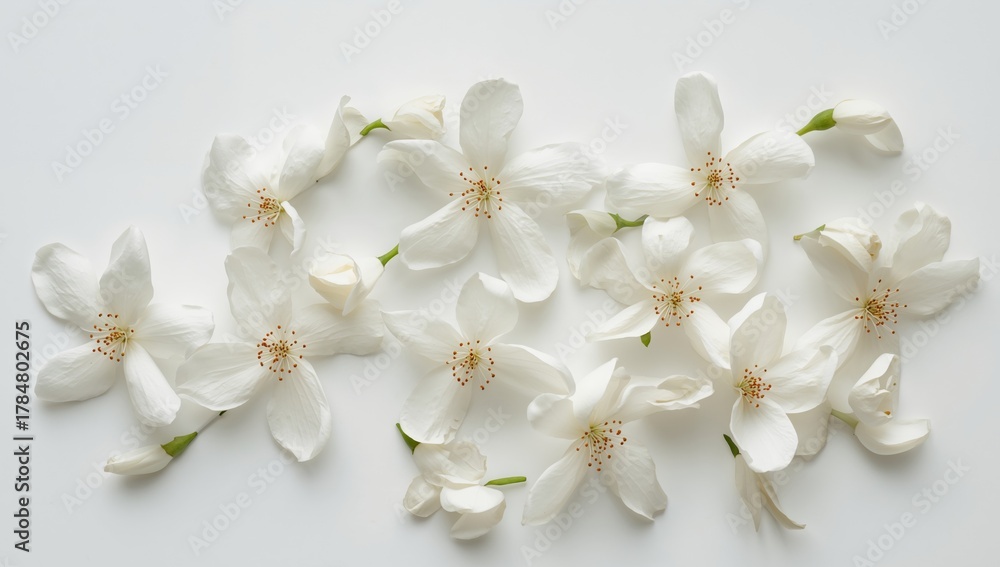 Obraz premium Elegant Arrangement. White Blooms and Subtle Shadows on a Plain Backdrop.