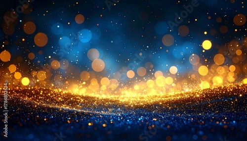 Abstract Glittering Particle Wave with Bokeh Lights Background for Celebrations and Special Events.