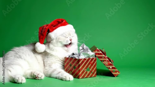 White Persian Cat in Santa Hat Yawning Beside Gift Box on Green Background