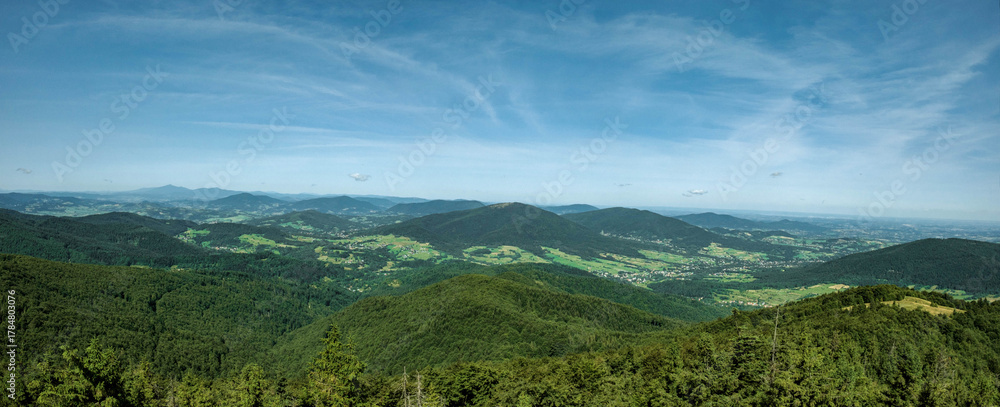 Fototapeta premium View of the mountains covered with forests and the towns below them.