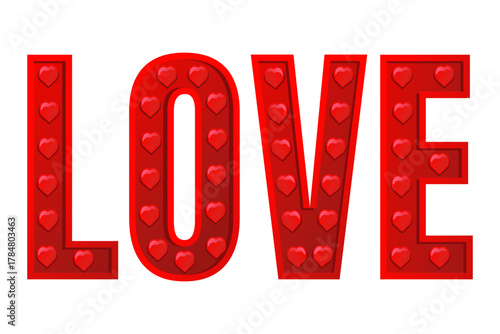 Red love typography with heart accents on white background.