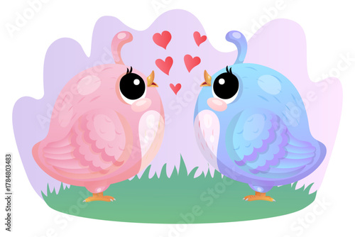 Cute pink and blue birds in love with hearts on grass.