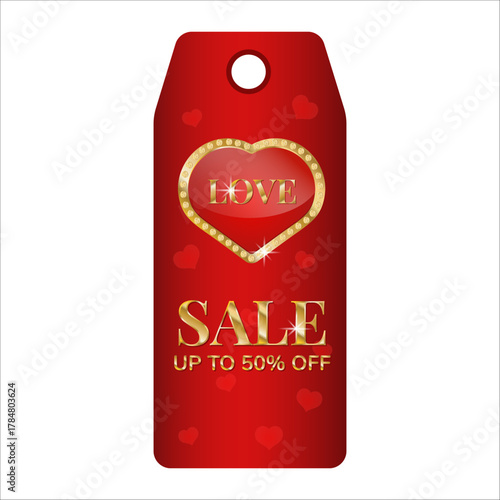 Elegant love-themed sale tag with heart design and gold text.