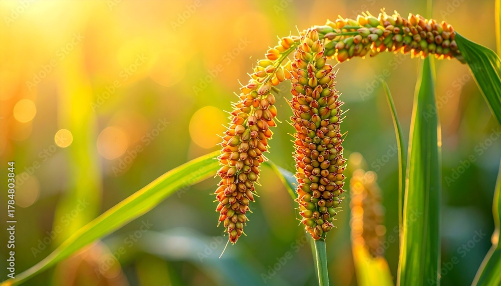 Obraz premium Golden millet stalk bathed in warm sunlight showcasing nature's beauty and agricultural abundance.