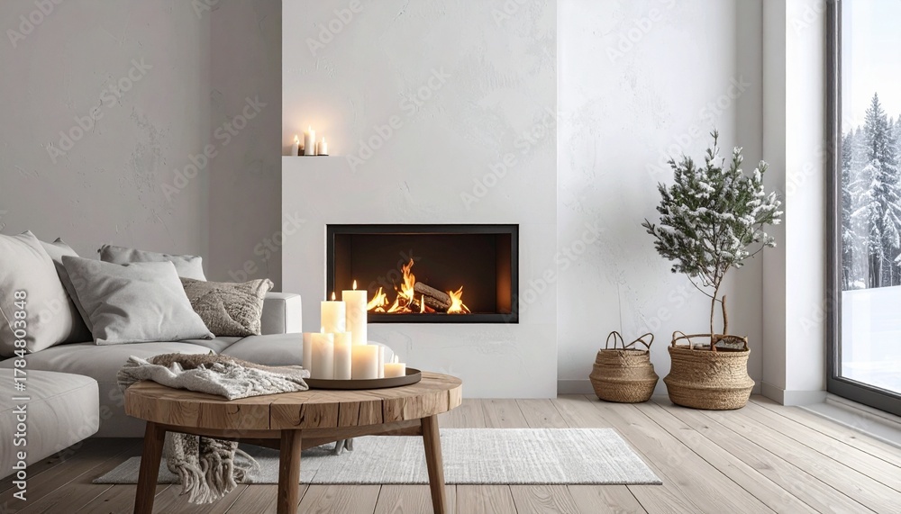 Naklejka premium Cozy living room with fireplace and winter scene in a warm home interior design concept.