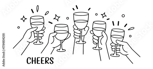 Hands Holding Wine Glasses for a Toast with the Word Cheers vector illustration