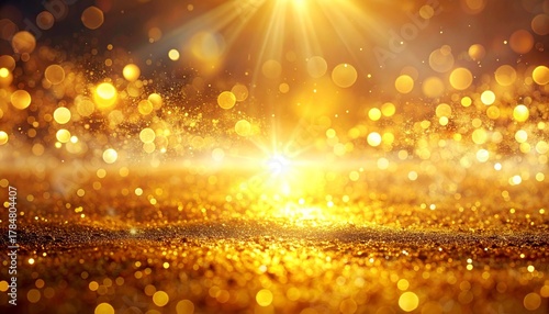 Golden sparkle background with bokeh lights and radiant glow for luxury or festive occasions.
