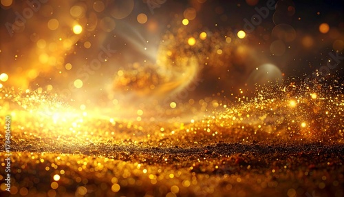 Golden abstract background with glitter and bokeh effect for festive celebrations and luxury themes.