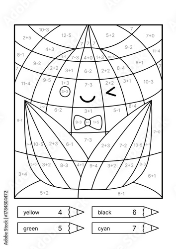 Solve the problem, color the picture. Kawaii corn. Black and white. Coloring book. Addition, Subtraction. Coloring book. Isolated vector illustration eps 10