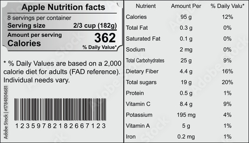 Apple Nutrition Facts Label design template for food content. Vector serving, fats and diet calories list for fitness healthy dietary supplement