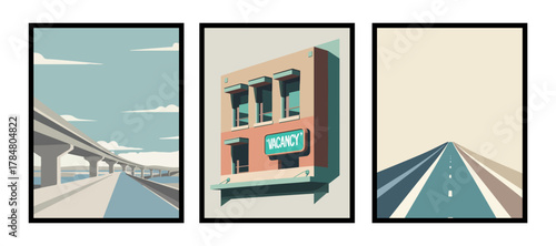 Motel exterior glowing under distant neon light