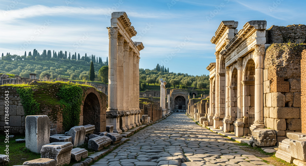 Fototapeta premium Ancient Roman Road and Columns in Pergamon, Turkey Historic Ruins, Architecture, and Landscape Photography.