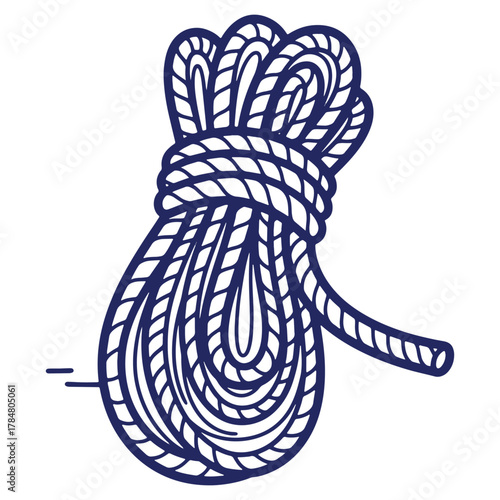 Illustration of neatly coiled rope in navy blue against a white background symbolizing nautical themes and practical binding solutions