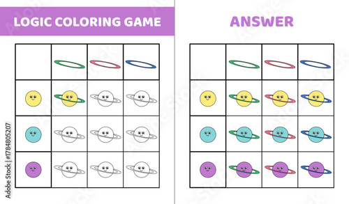 Logic coloring game with saturn. Color the planet in correct color. Activity for kids in kindergarten and preschool. Isolated vector illustration eps 10