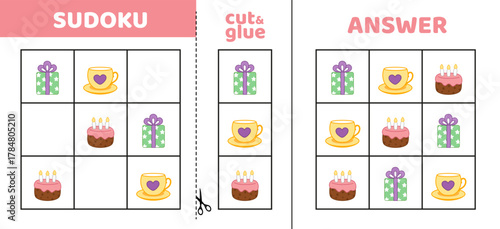 Birthday easy sudoku with three objects. Game puzzle for little kids. Cut and glue. Cartoon, isolated, vector, eps 10
