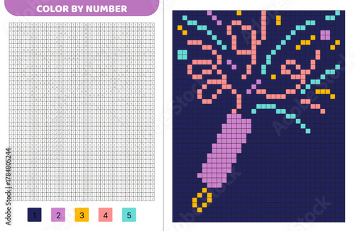 Firecracker. Color by number. Pixel coloring book. Numbered squares. Game for kids.Pixel art. Isolated vector illustration eps 10
