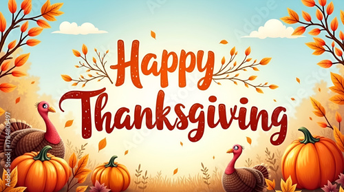 Festive Happy Thanksgiving Day background, featuring elegant hand-lettered calligraphy in the center, surrounded by autumn illustrations such as pumpkins, fall leaves, berries, and acorns, set against