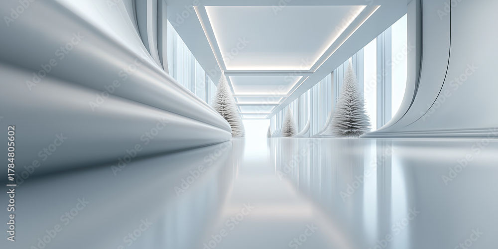 Fototapeta premium Architectural space featuring clean white surfaces and white Christmas tree, reflect soft ambient light, evoking feelings of openness, perfect for backgrounds related to winter holidays.