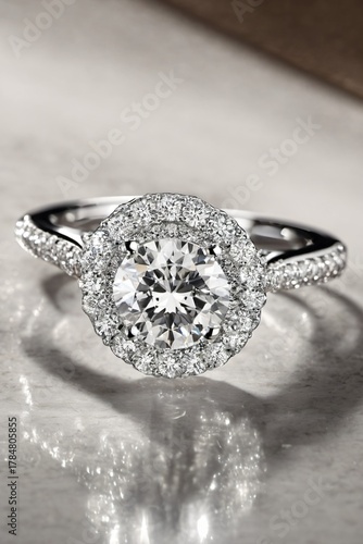 Luxury diamond engagement ring with round brilliant cut center stone and halo design