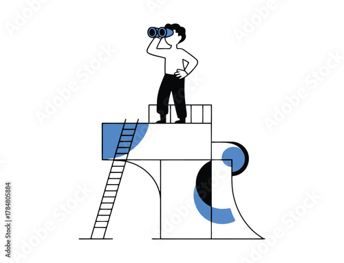 Person with binoculars on a platform looking into the distance with abstract shapes searching