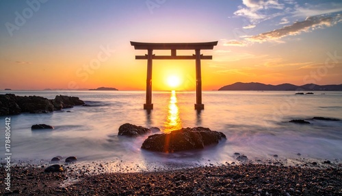 神社の鳥居と新年の初日の出