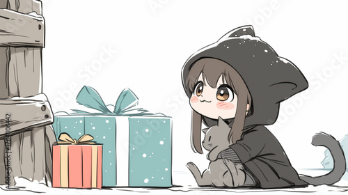 クリスマスの日のサンタクロースとクリスマスのプレゼントの女の子日本のアニメ風のちびキャラ